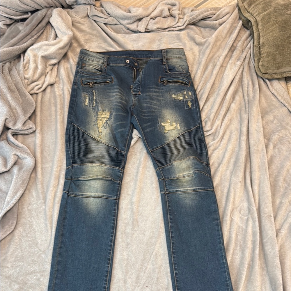 Balmain Blue Skinny Jeans with Distressed Details